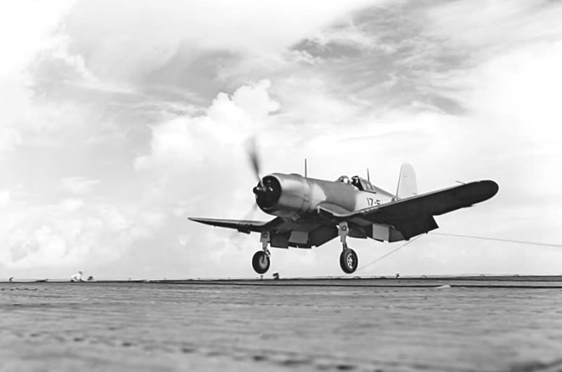 Vought F4U-1 Corsair landing on BUNKER HILL